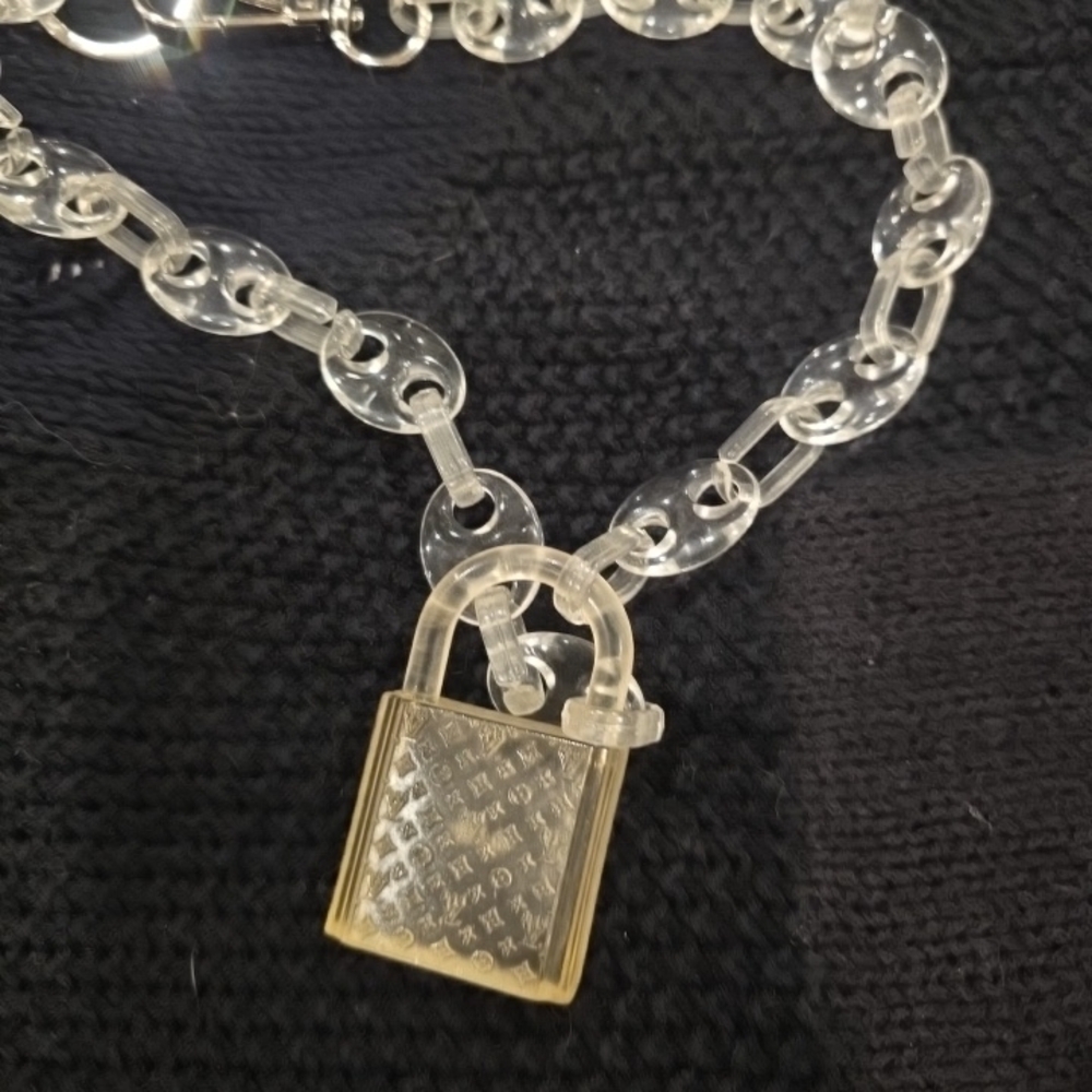 Clear Chain Necklace with Gold-Tone Lock Pendant